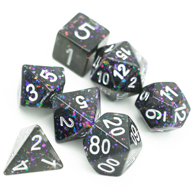 Black Cloud Brocade Powder 7-Dice Dnd Dice | Glitter w/Silver Numbers Set