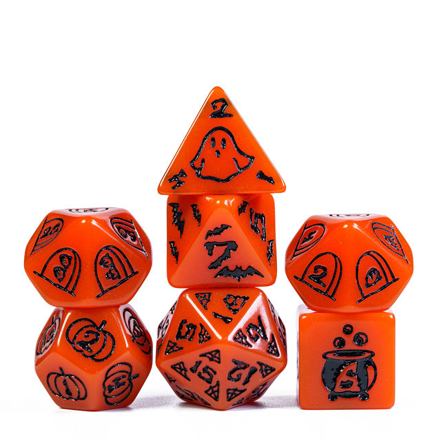 Halloween Orange w/Black | Pumpkin/Ghost/Bat/Cauldron 7-Dice Set DND