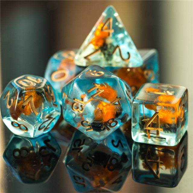 Orange & Grey Flower Dice  7-Dice Set Resin Dungeons and Dragons Dice (Gypsophila / Baby's-Breath)