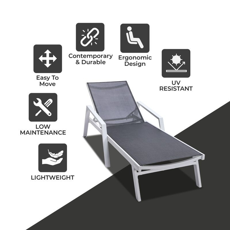 LeisureMod Marlin Patio Chaise Lounge Chair with Armrests in White Aluminum Frame Black Description.