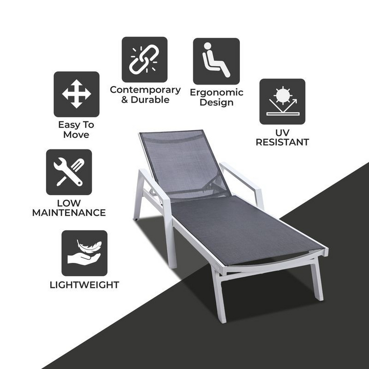 LeisureMod Marlin Patio Chaise Lounge Chair with Armrests in White Aluminum Frame Black Description.