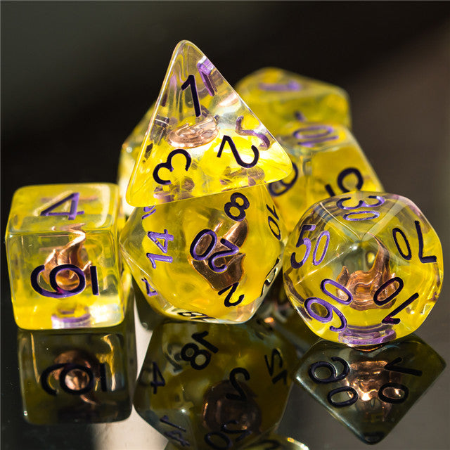 Sorcerer (Fire) Clear Yellow Dice Purple w/ Golden Fire 7-Dice Set Rpg