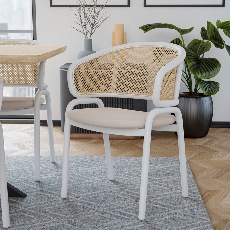 Leisuremod Ervilla Modern Dining Chair with White Powder Coated Steel Legs and Wicker Back Beige