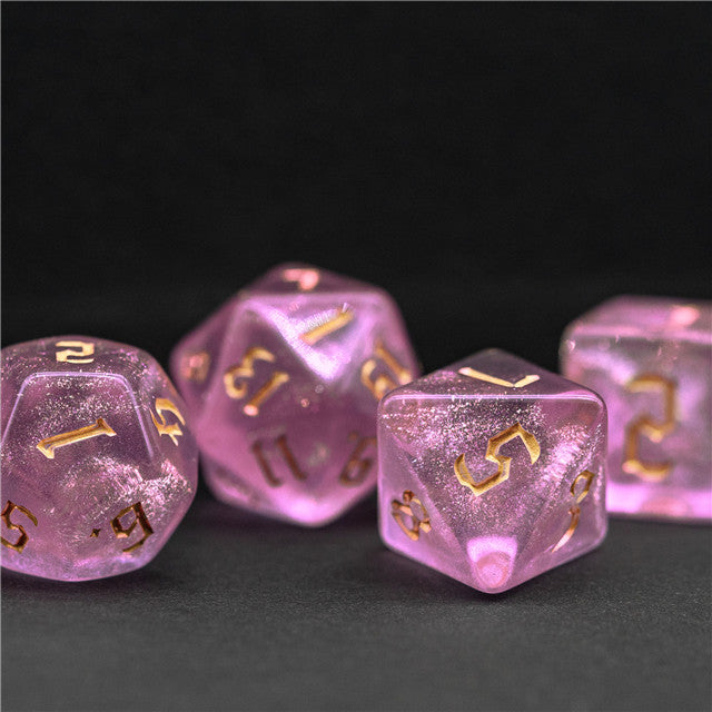 Pink Glitter Party Glitter Dice (Goldfont) 7-Dice Set RPG DND