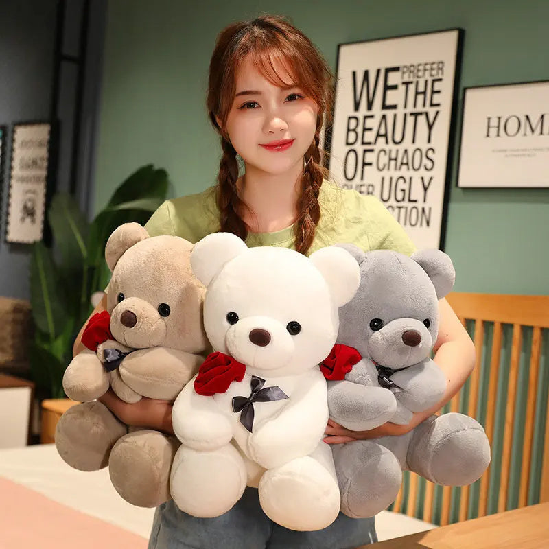 Plush Rose Teddy Bear – Soft Stuffed Animal Pillow Doll