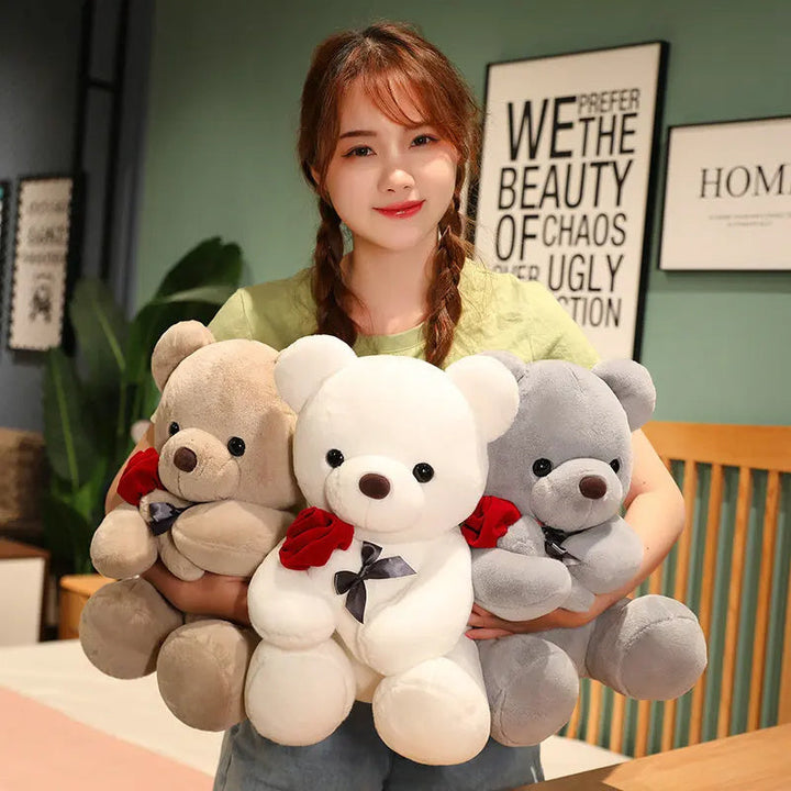 Plush Rose Teddy Bear – Soft Stuffed Animal Pillow Doll