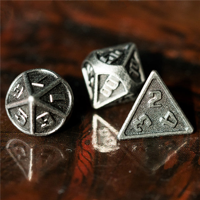 Silver Mini Metal Dice Ancient Effect | (10mm to 15mm) 7-Dice Udixi RPG