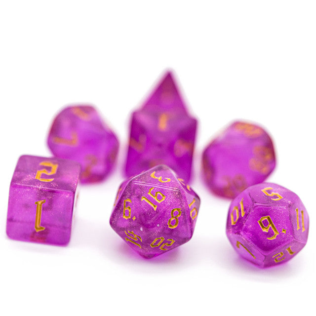 Violet Glitter Party Glitter Dice (Gold font) 7-Dice Set RPG DND