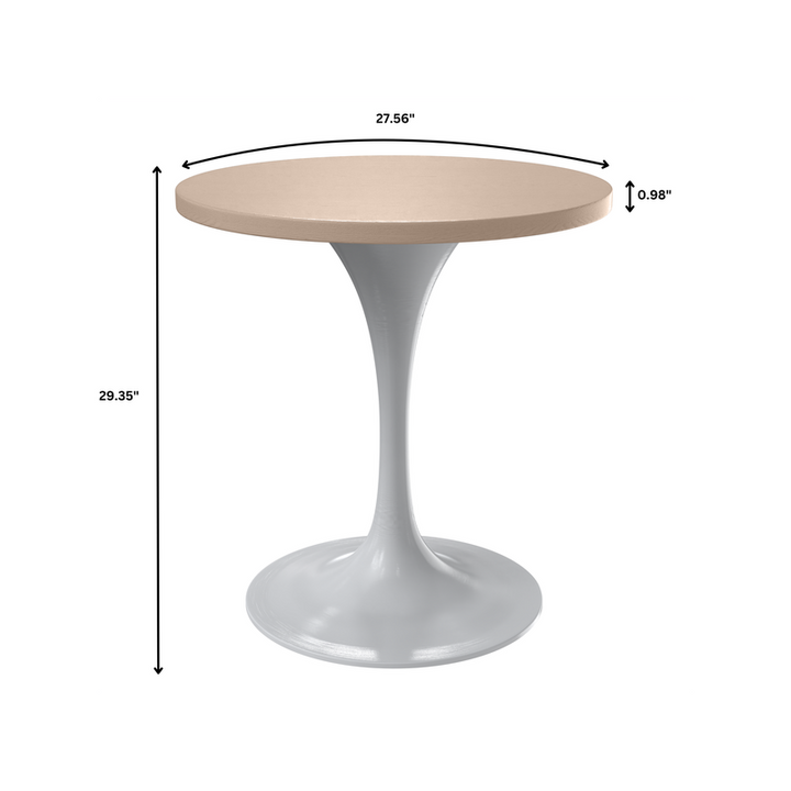 LeisureMod Verve Collection 27 Round Dining Table, White Base with Light Natural Wood MDF Top Dimensions.