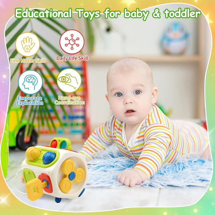 Baby playing with a colorful educational toy in a room with shelves and toys.