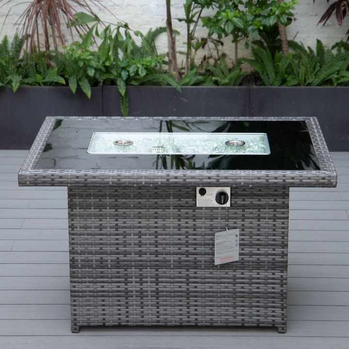 LeisureMod Mace Wicker Patio Modern Propane Fire Pit Table Grey on Patio.
