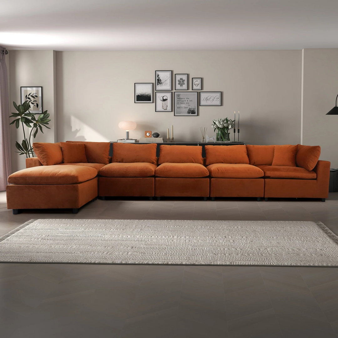 Hayward Burnt Orange Velvet Modular Sectional Sofa Photo.