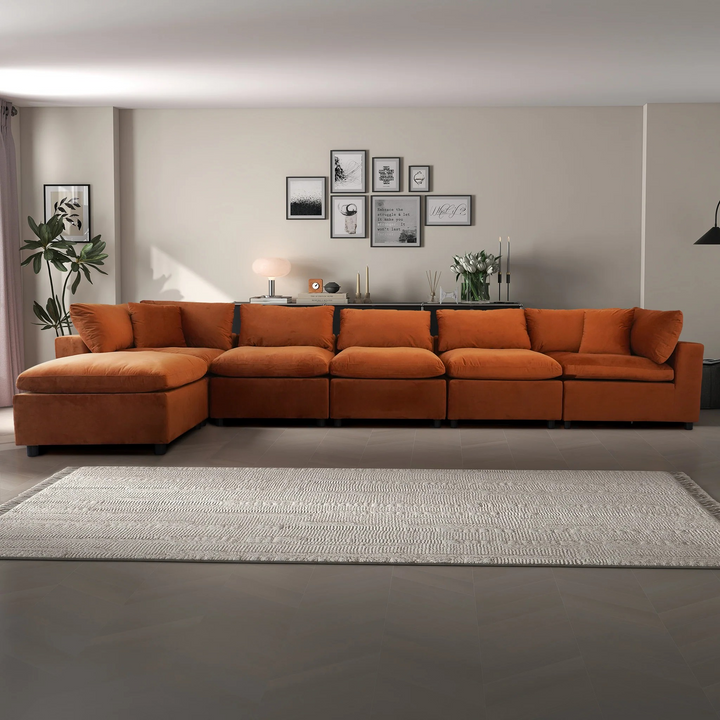 Hayward Burnt Orange Velvet Modular Sectional Sofa Photo.