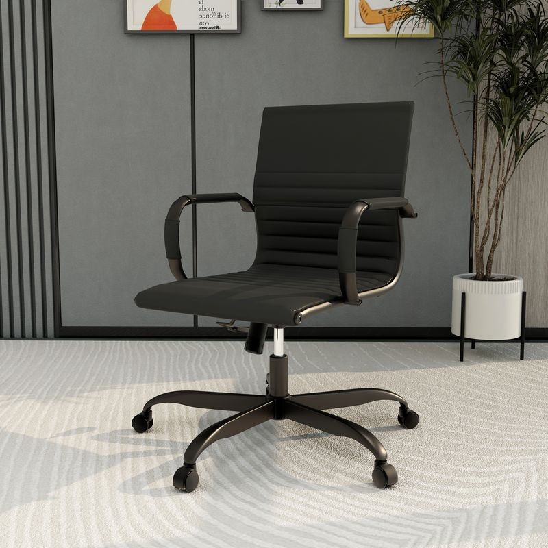 LeisureMod Harris Leather Home Office Chair with Black Frame in Black with Background.
