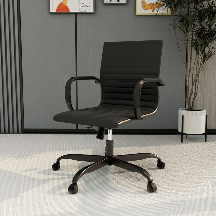 LeisureMod Harris Leather Home Office Chair with Black Frame in Black with Background.