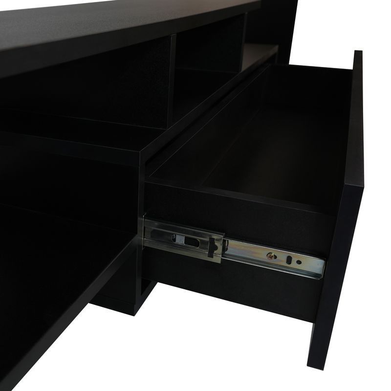 LeisureMod Surrey Modern TV Stand with MDF Shelves and Bookcase in Ebony Open Drawer.