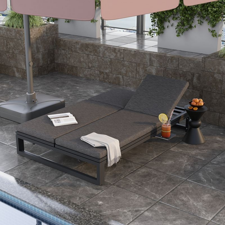 LeisureMod Chelsea Convertible Lounge Reclining Double Chaise with Cushions Black Photo.