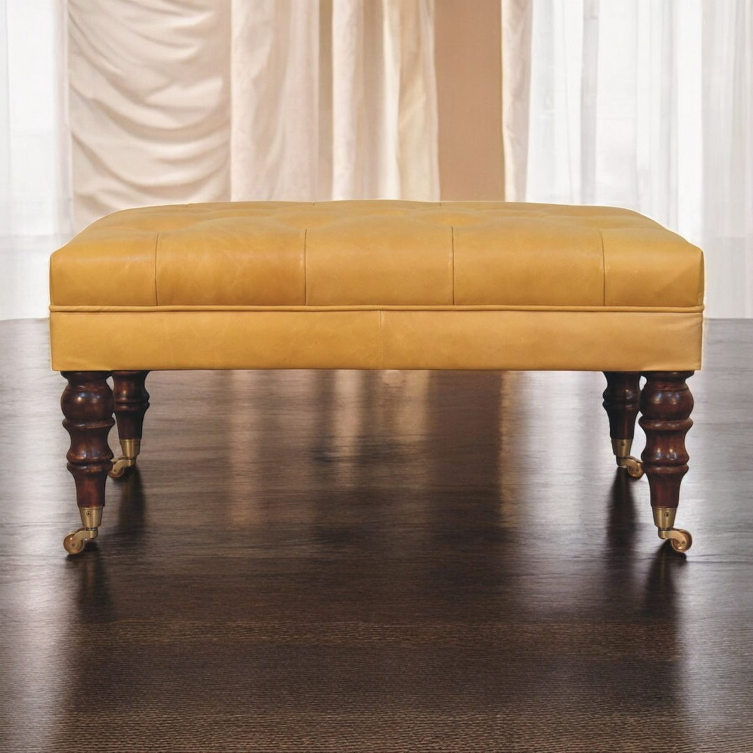 Honey Caramel Buffalo Ash Black Leather Ottoman with Castor Legs Front