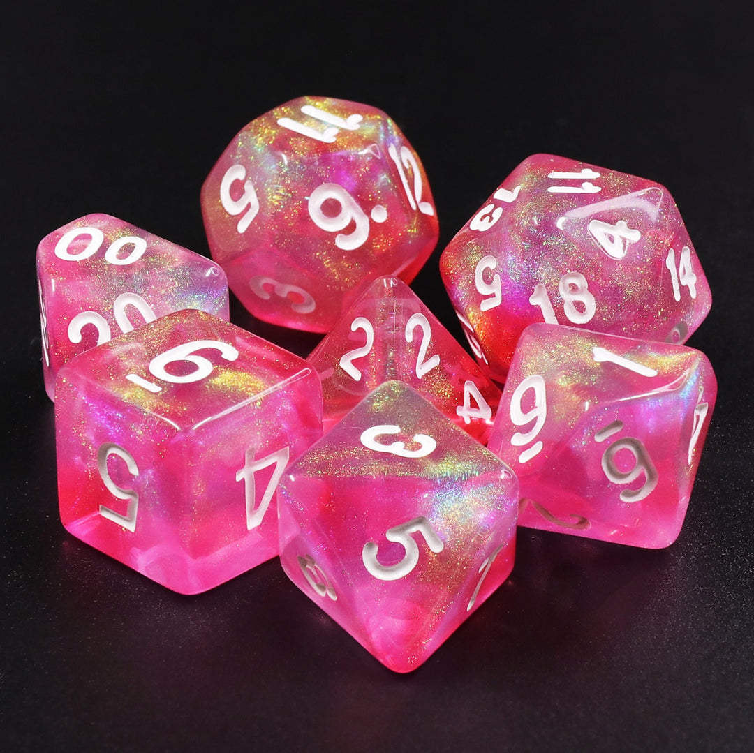 Pink Bunny Glitter Pink with White Numbering 7-Dice Set RPG