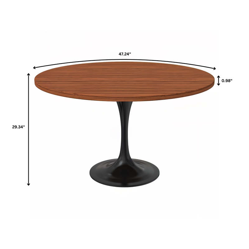 LeisureMod Verve Collection 48 Round Dining Table, Black Base with Cognac Brown MDF Top Dimensions.