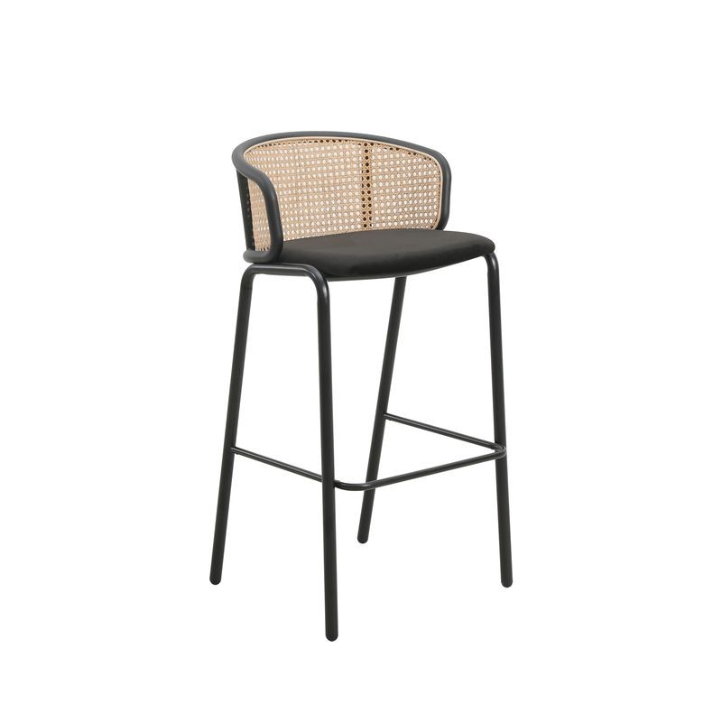 LeisureMod Ervilla Mid-Century Modern Wicker Bar Stool with Fabric Seat and Black Powder Coated Steel Frame in Black