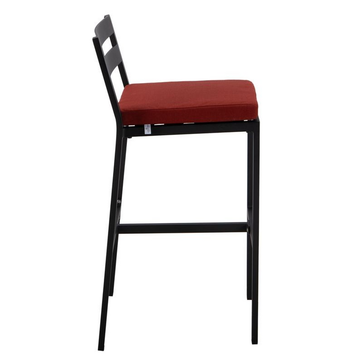LeisureMod Chelsea Collection Modern Aluminum Outdoor Bar Chair in Black with Cherry Cushions Side View.