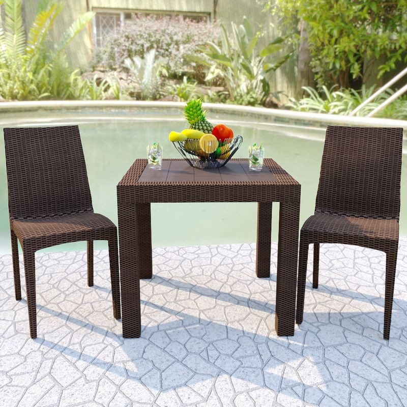 LeisureMod Weave Mace Indoor/Outdoor Dining Chair (Armless) Brown Outside.