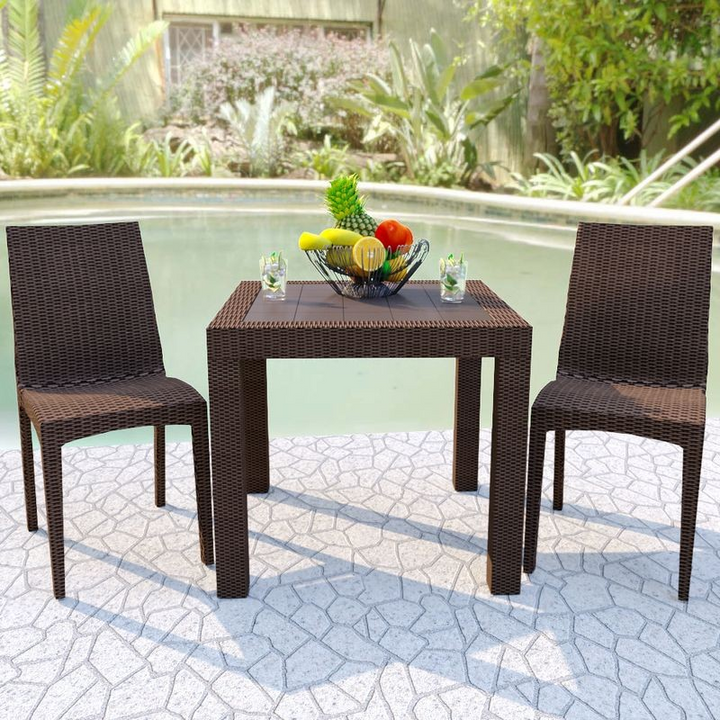 LeisureMod Weave Mace Indoor/Outdoor Dining Chair (Armless) Brown Outside.