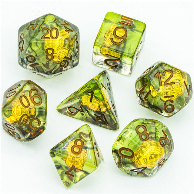 Druid (Wolf Head) Green/gold Dice w/ Golden Wolf Head 7-Dice Set Rpg