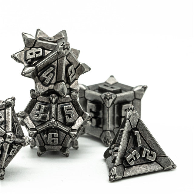 Vintage Silver Pinwheel Strengthened Metal 7-Dice Set | Metal DND Dice