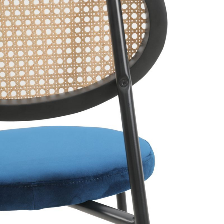 LeisureMod Euston Modern Wicker Bar Stool with Black Steel Frame in Navy Blue Closeup.