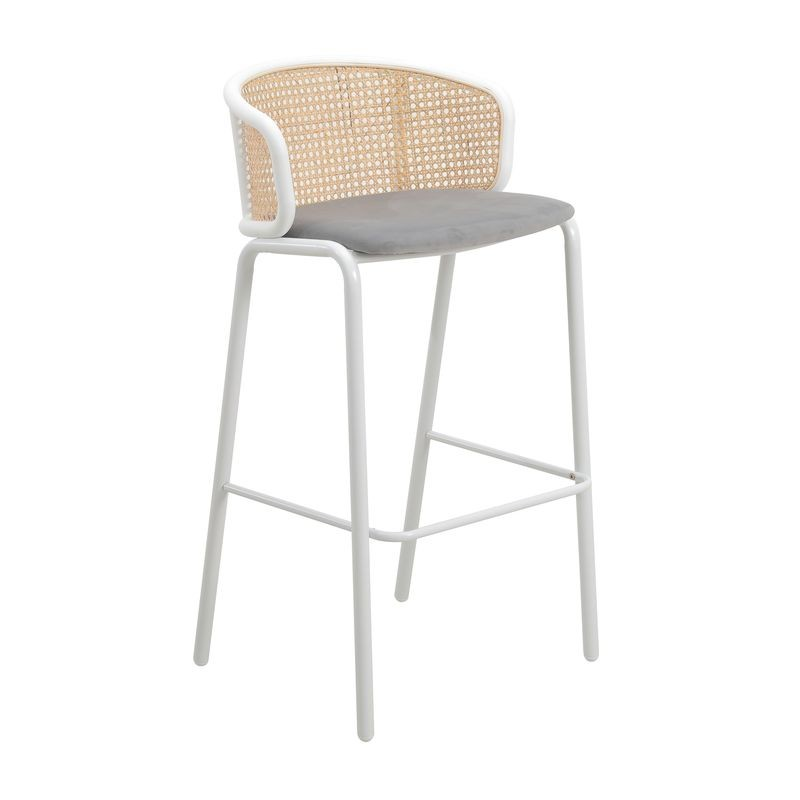 LeisureMod Ervilla Mid-Century Modern Wicker Bar Stool with Fabric Seat and White Powder Coated Steel Frame for Kitchen and Dining Room in Grey