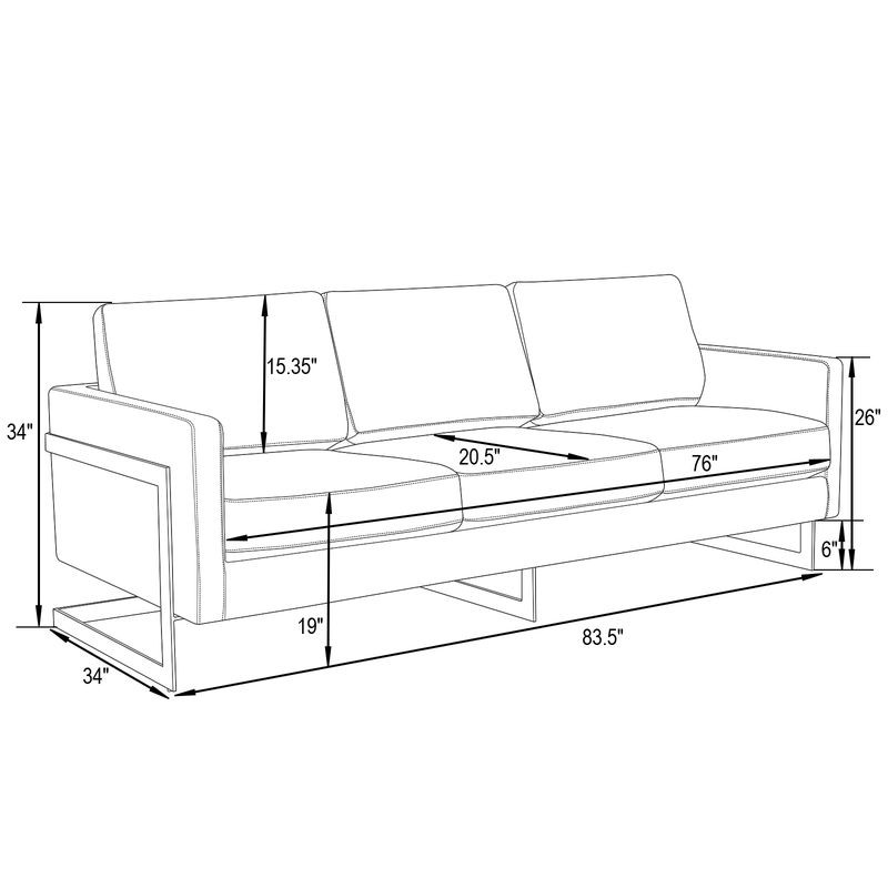 LeisureMod Lincoln Modern Mid-Century Upholstered Velvet Sofa with Gold Frame Light Grey Dimensions.