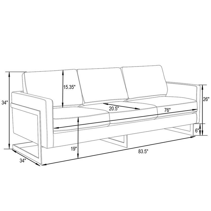 LeisureMod Lincoln Modern Mid-Century Upholstered Velvet Sofa with Gold Frame Light Grey Dimensions.