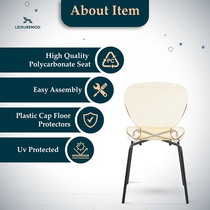 Chair with LeisureMod branding and features listed on a white background.