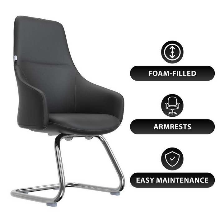 Black chair with armrests on a white background, featuring icons and text about foam-filled, armrests, and easy maintenance.