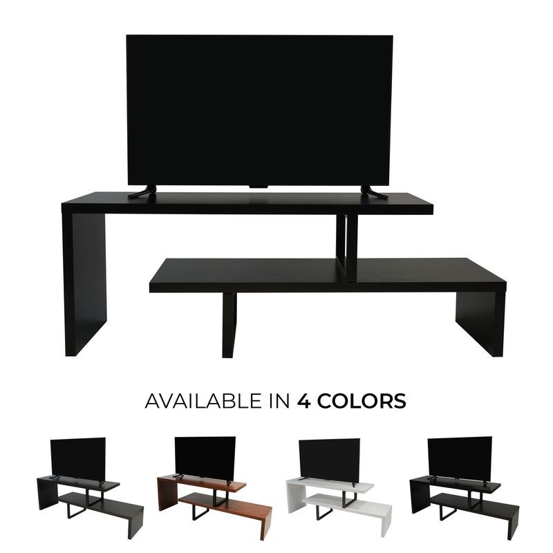 LeisureMod Orford Mid-Century Modern TV Stand with MDF Shelves and Powder Coated Iron Legs in Ebony Colors.