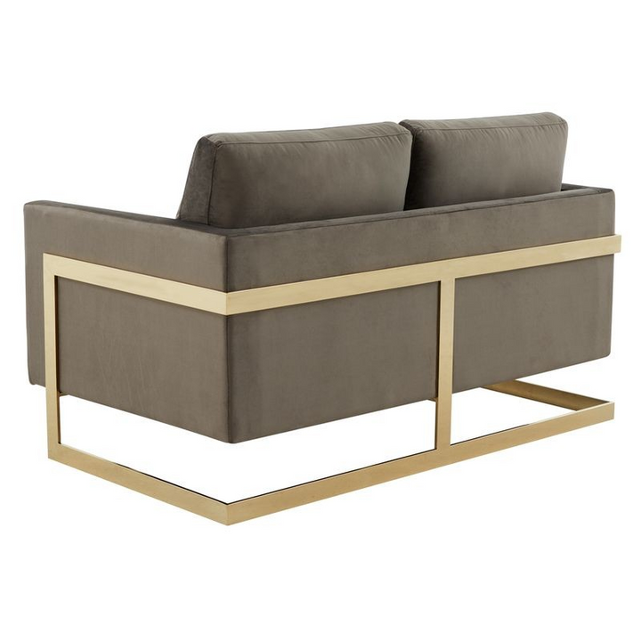 LeisureMod Lincoln Modern Mid-Century Upholstered Velvet Loveseat with Gold Frame Dark Grey Back View.