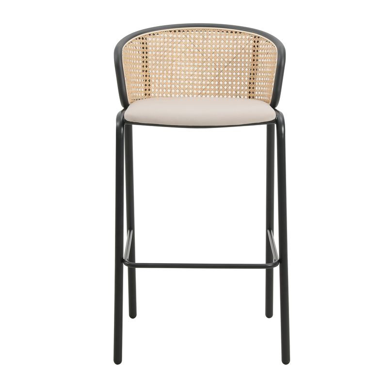 LeisureMod Ervilla Mid-Century Modern Wicker Bar Stool with Fabric Seat and Black Powder Coated Steel Frame in Beige Front View.