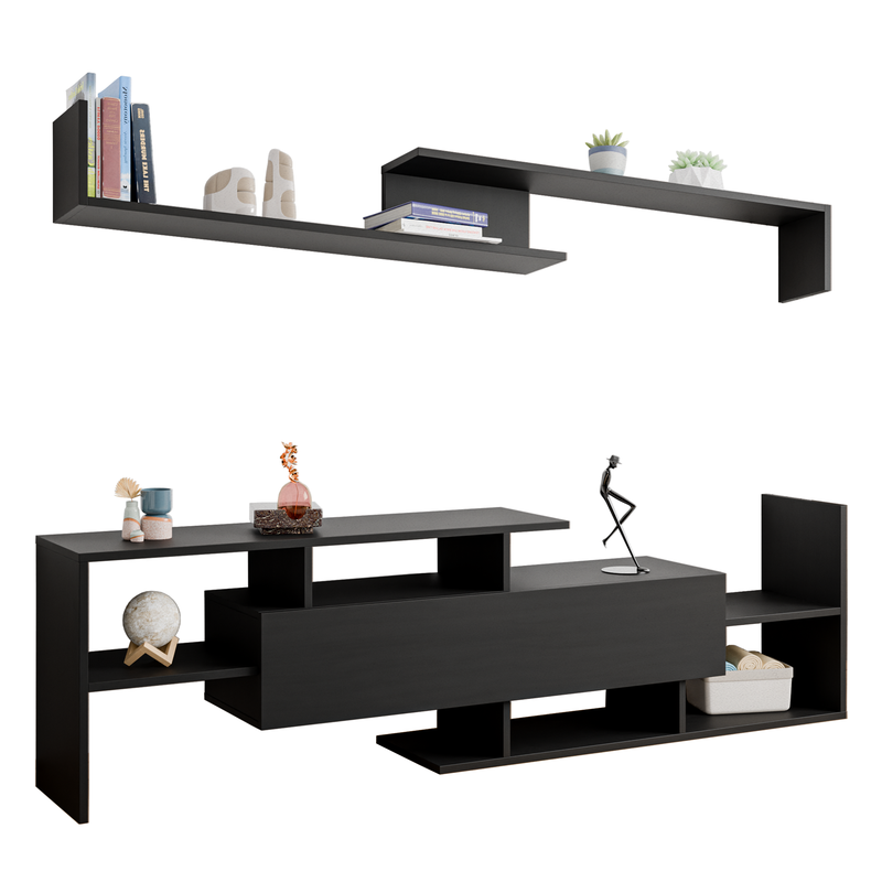 LeisureMod Surrey Modern TV Stand with MDF Shelves and Bookcase in Ebony