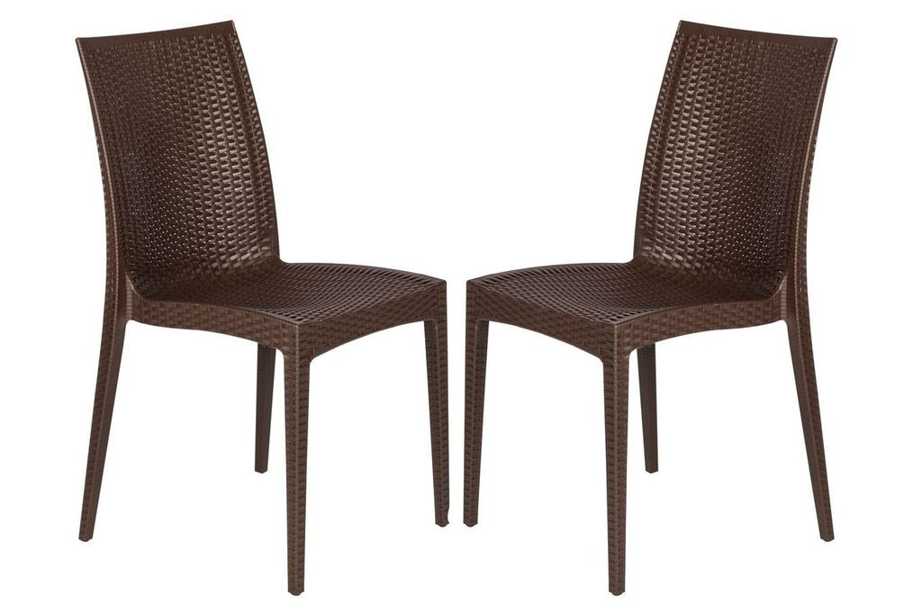 LeisureMod Weave Mace Indoor/Outdoor Dining Chair (Armless), Set of 2 Brown Together.