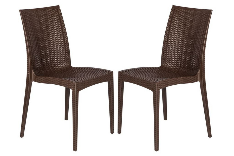 LeisureMod Weave Mace Indoor/Outdoor Dining Chair (Armless), Set of 2 Brown Together.