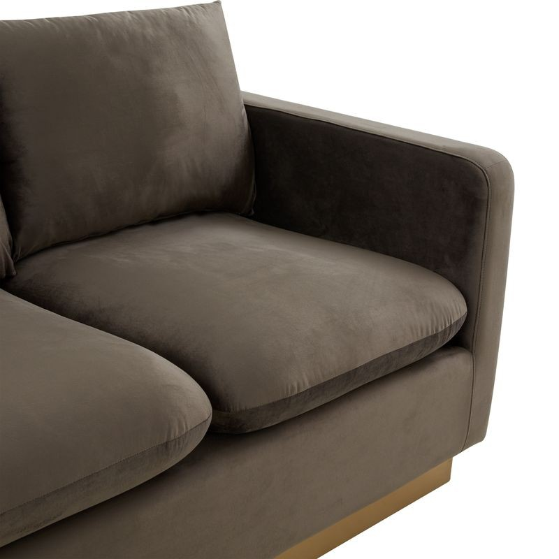 LeisureMod Nervo Modern Mid-Century Upholstered Velvet Sofa with Gold Frame Dark Grey Closeup.
