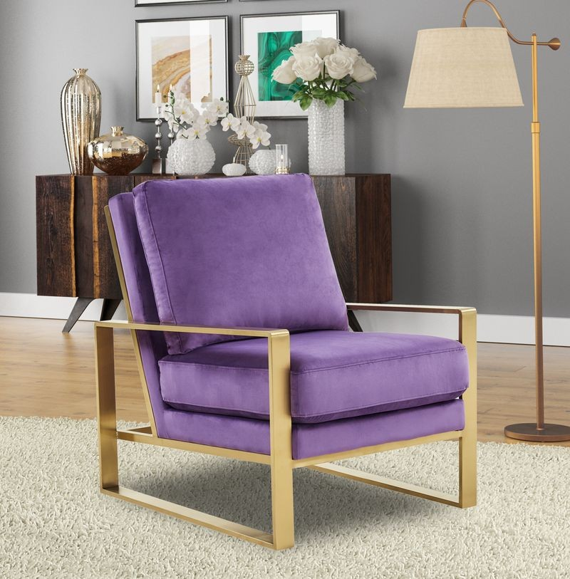 LeisureMod Jefferson Velvet Design Accent Armchair with Gold Brass Finish Frame Purple with Background.