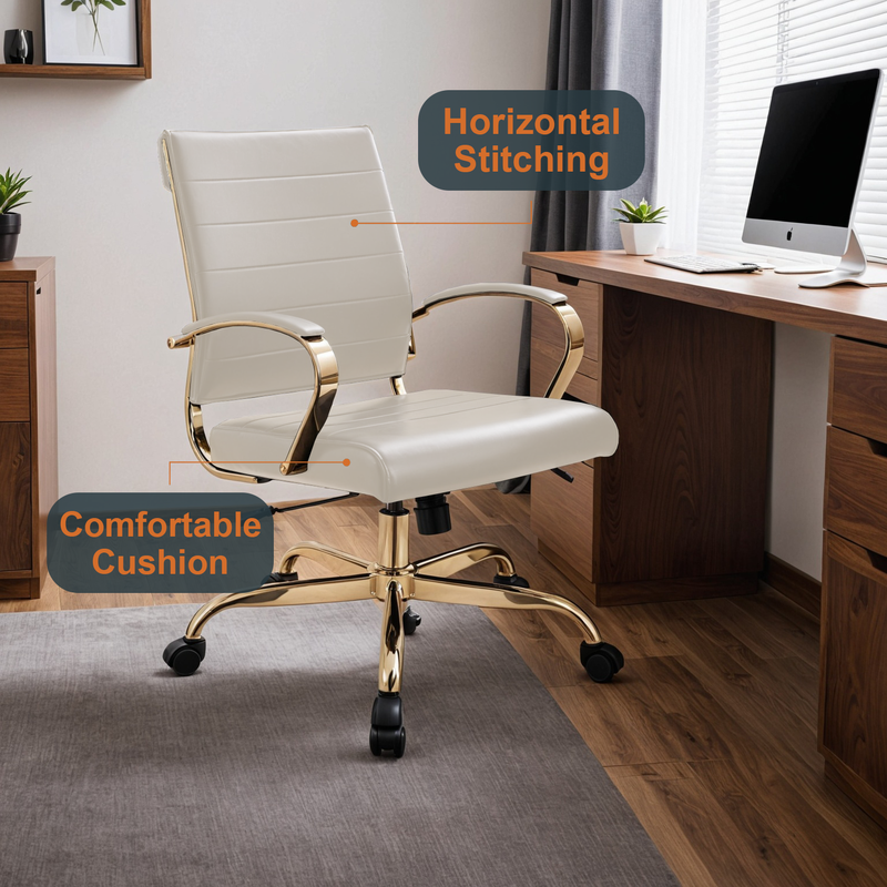 LeisureMod Benmar Home Leather Office Chair with Gold Frame Tan at Desk.