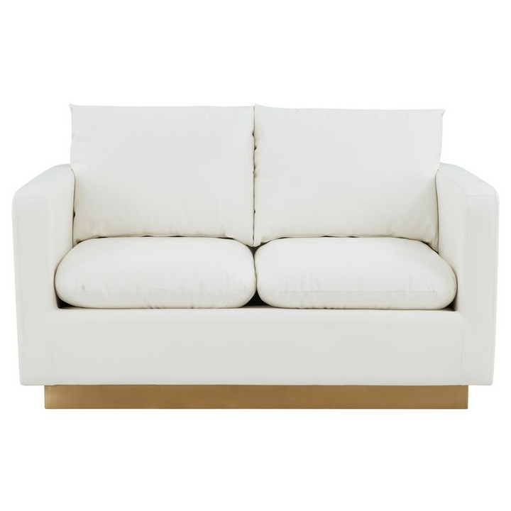 LeisureMod Nervo Modern Mid-Century Upholstered Faux Leather Loveseat with Gold Frame White Front Photo.