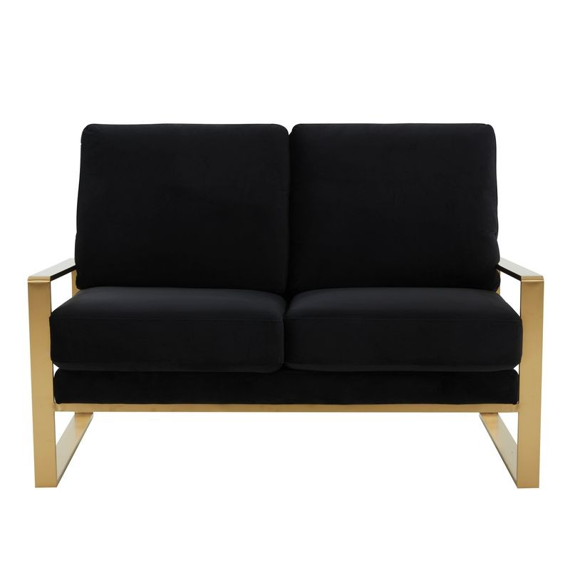 Leisuremod Jefferson Contemporary Modern Velvet Loveseat with Gold Frame Black Front View.