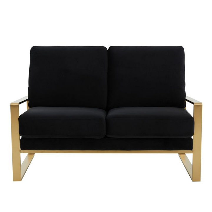 Leisuremod Jefferson Contemporary Modern Velvet Loveseat with Gold Frame Black Front View.