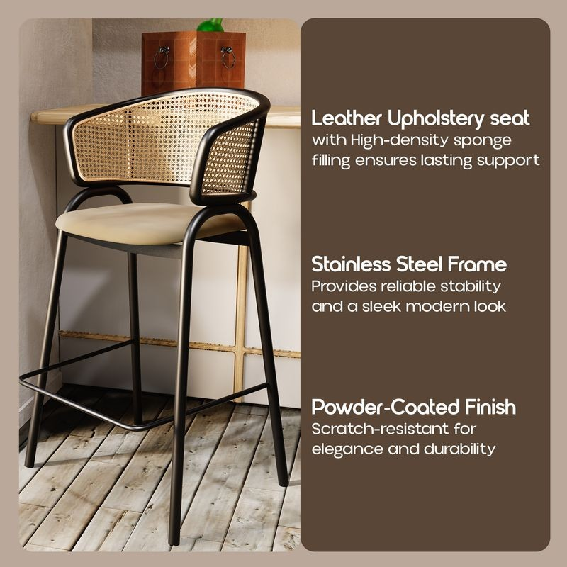 LeisureMod Ervilla Wicker Bar Stool with Fabric Seat and Black Steel Frame in Beige Leather Description.
