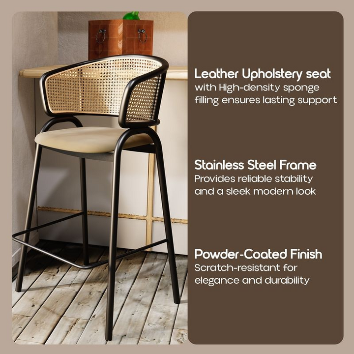 LeisureMod Ervilla Wicker Bar Stool with Fabric Seat and Black Steel Frame in Beige Leather Description.